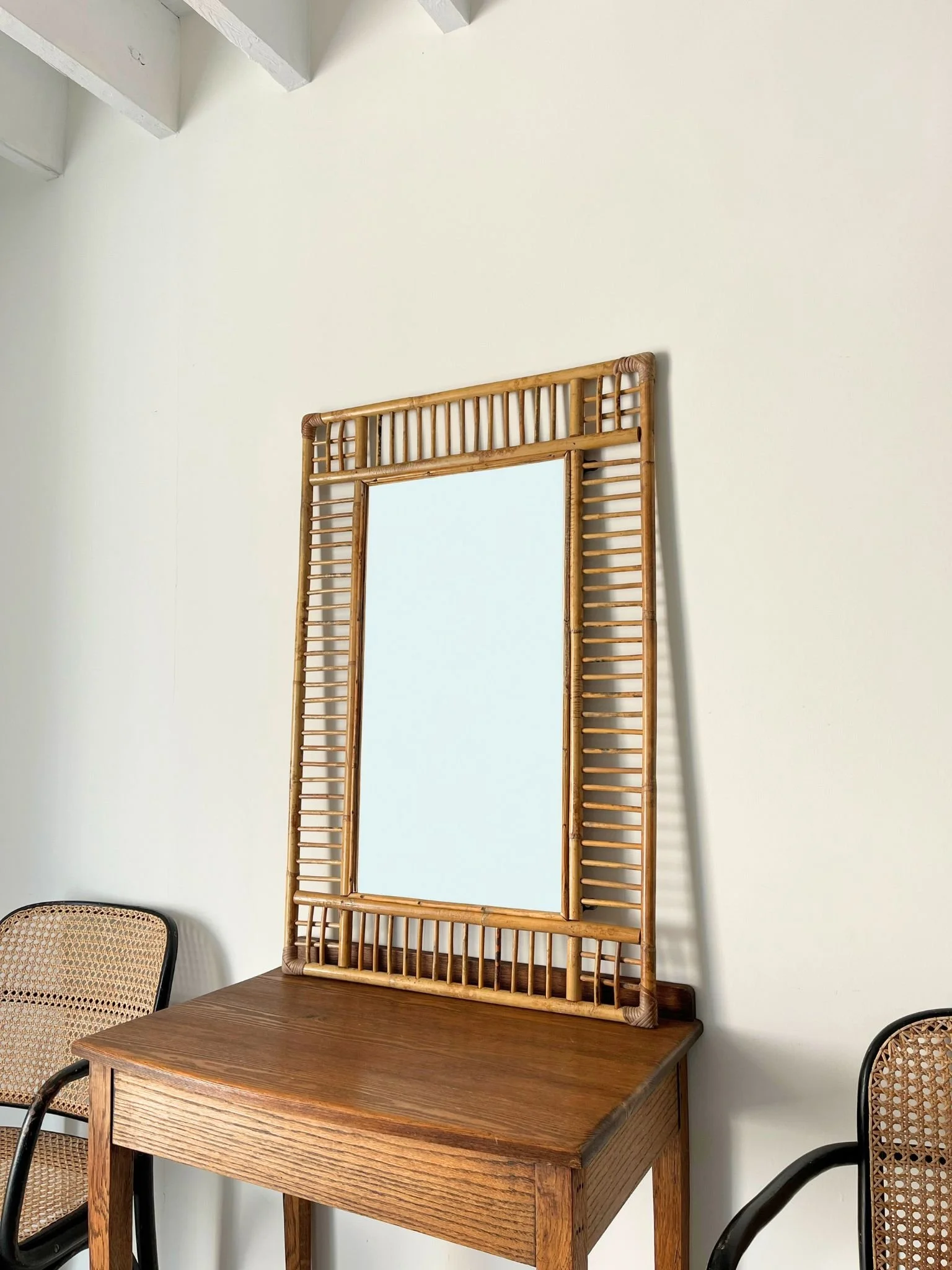 Mid Century Vintage Italian Bamboo and Rattan Wall Mirror Manor of